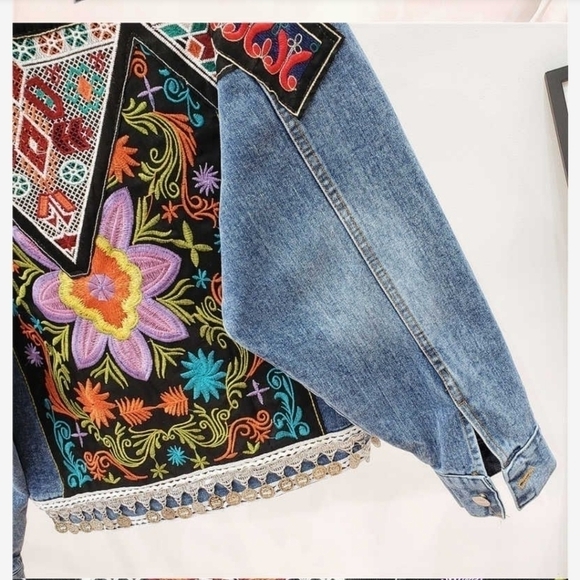 Blue Denim Embroidered Jean Jacket Oversized OSFM - Picture 10 of 14